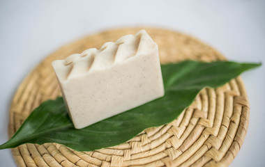 Natural handmade soap on a green leaf