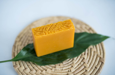 Natural handmade soap on a green leaf