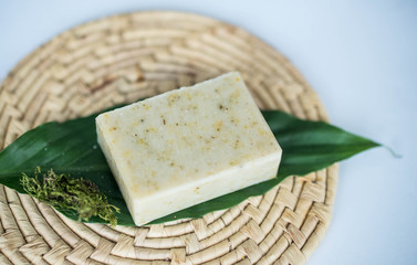 Natural handmade soap on a green leaf