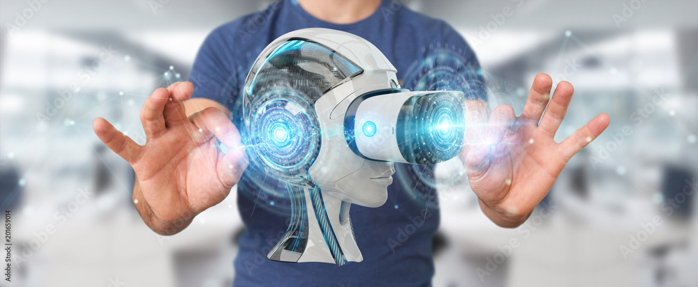 Poster businessman using virtual reality and artificial intelligence 3d rendering