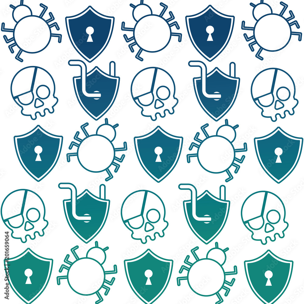 Poster cyber security shield keyhole worm skull virus attack pattern vector illustration degraded color