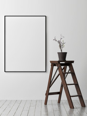 Mock up poster, minimalism interior design, ladders with pot flowers, 3d render, 3d illustration