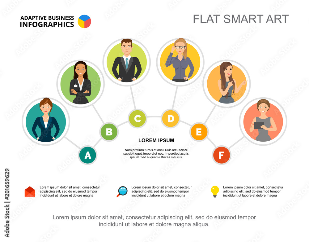 Poster six workers team process chart template for presentation. business data visualization. strategy, sta
