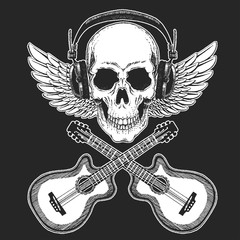 Rock music festival. Cool print for poster, banner, t-shirt. Skull wearing headphones with electric guitar. Heavy metal party. Rock-n-roll star