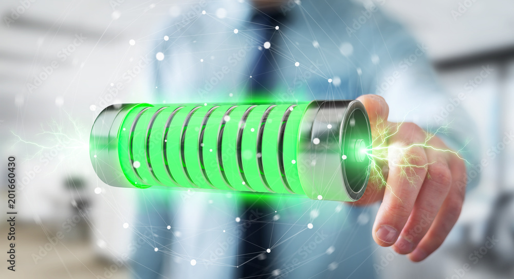 Aufkleber businessman using green battery with lightnings 3d rendering