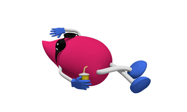 lustiger Charakter 3d im Rosa mit Sonnenbrille und Getränk. 3D-Rendering