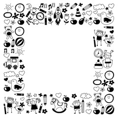 Vector doodle pattern with kindergarten children. Play, study and grow together. Boys and girls. Preschool education. Nursery. School. Toys and clothing. Kids drawing style image