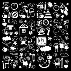 Vector doodle pattern with kindergarten children. Play, study and grow together. Boys and girls. Preschool education. Nursery. School. Toys and clothing. Kids drawing style image