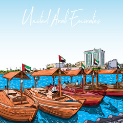 Fototapeta na wymiar Old traditional boats on the Bay Creek in Dubai, United Arab Emirates, UAE. Hand drawn sketch. Piers of traditional water taxi in Deira area. Famous tourist destination. Vector.