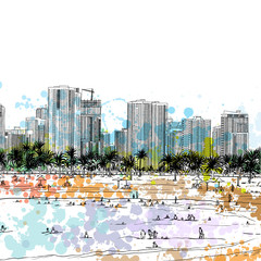 Obraz premium Watercolor splash sketch of Marina Dubai UAE. City and beach coast with sand beaches and people swimming at United Arab Emirates. Illustration. Vector.