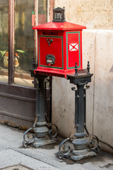 red street mail box for correspondence in Europe, Budapest, Hungary
