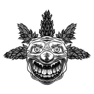 Evil scary clown monster with big nose and sharp teeth. Horror cartoon illustration isolated on white background. Vector.