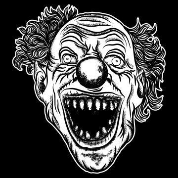 Halloween devil scary clown front head. Smiling clown monster with big eyes and wide angry smile. Blackwork adult tattoo flash line style and poster, print, t-shirt concept design. Vector.