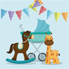 baby shower card with horse wooden and giraffe vector illustration design