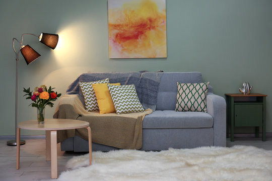 Modern room interior with cozy sofa