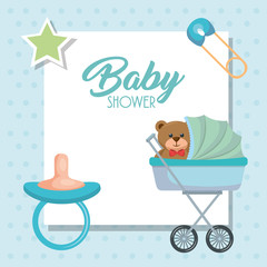 baby shower card with bear teddy in cart vector illustration design
