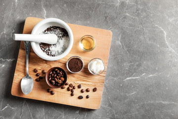 Ingredients for coffee scrub on wooden board © New Africa
