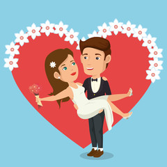 just married couple with hearts avatars characters vector illustration design