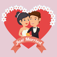 just married couple with hearts avatars characters vector illustration design