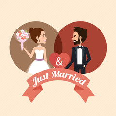 just married couple with hearts avatars characters vector illustration design