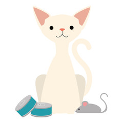 cute cat mascot with tuna cans character vector illustration design