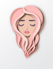 Vector portrait of young beautiful woman with long hair. Modern digital paper layered art. Origami style. Beauty and fashion concept