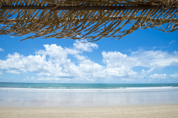 View from under shady rustic palm frond and tree branch palapa out onto a beautiful remote tropical beach in Bahia, Brazil