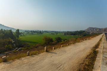 On a high hill lies a country road through bright fields of ripening rice. In the fields grow palm trees. In the distance, the mountains can be seen in the light haze of the early morning. 