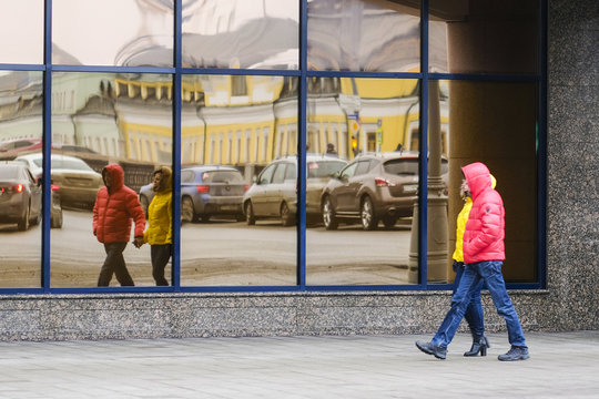 Moscow, Russia - April, 2, 2018: traffic in Mosocw reflected frow show window
