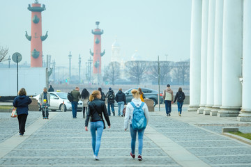 Obraz premium St. Petersburg, Russia - April, 17, 2018: Neva embankment near Winter Palace in St. Petersburg's street