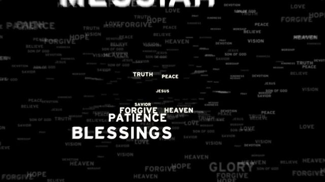 Christianity words with alpha channel - religion of Bible, God and Jesus Christ. Word cloud sign. Shot in 4k resolution