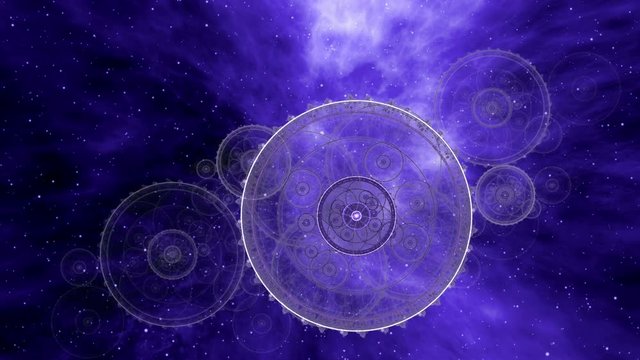 Imaginary travelling through time and space. Deep space, blue nebula, star fields and ancient nautical instrument.  Vintage motion background.  Animation, abstract illustration, seamless loop