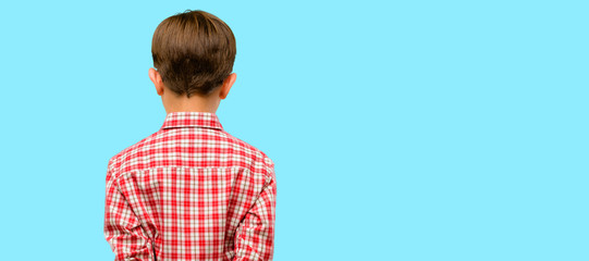 Handsome toddler child with green eyes backside, rear view over blue background