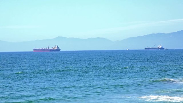 Commercial freighter ships in the Santa Monica Bay