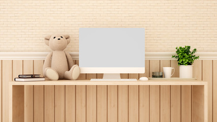 Study room wood and brick wall decorate for artwork - Study area or workplace of  kid room in home or apartment - 3D Rendering