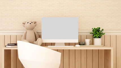 Study room wood and brick wall decorate for artwork - Study area or workplace of  kid room in home or apartment - 3D Rendering