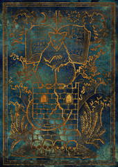 Golden rat symbol silhouette on blue texture background. Scary rat sitting on tower with book and mystic signs. Fantasy engraved illustration. Zodiac animals of eastern calendar