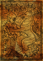 Dog symbol with heraldic decorations, hell gate and vignette ribbons on antique texture background. Fantasy engraved illustration. Zodiac animals of eastern calendar
