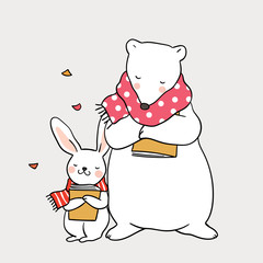 Cute draw vector illustration background character design big bear and little rabbit standing in leaves fall autumn season and beauty scarf Doodle cartoon style