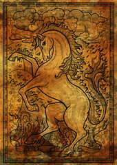 Horse symbol with four nature elements, fire, air, water and earth mystic signs on antique texture background. Fantasy engraved illustration. Zodiac animals of eastern calendar