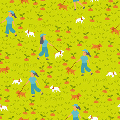 Seamless Pattern : Girls walking Dog on Green Grass Background  : Vector Illustration