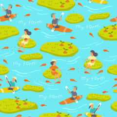 Seamless Pattern : Boy and Girl Canoeing and Feeding Fish : Vector Illustration
