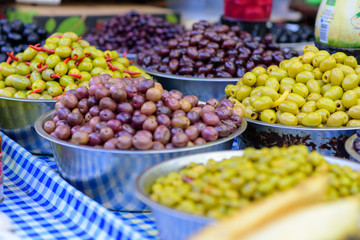 Green and black olives in the oriental market Carmel, Tel Aviv, Israel