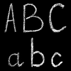 a, b, c handwritten white chalk letters isolated on black background, hand-drawn chalk font, back to school concept, stock illustration in high resolution