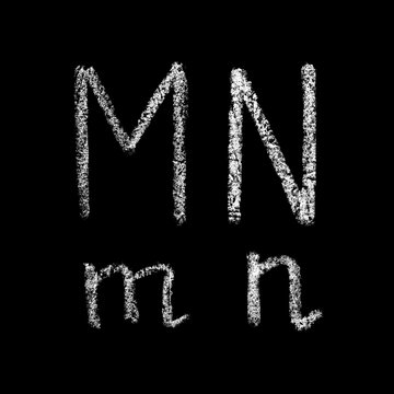 m, n handwritten white chalk letters isolated on black background, hand-drawn chalk font, back to school concept, stock illustration in high resolution