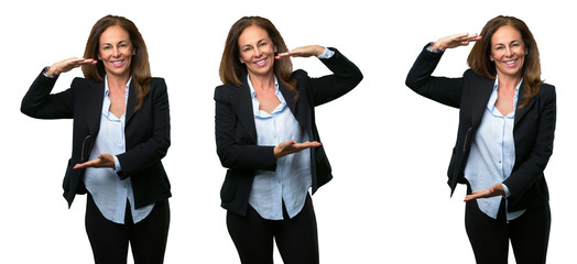 Middle age business woman holding something, size concept over white background