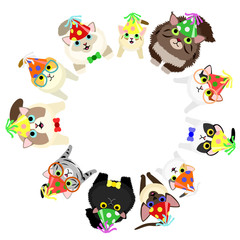 sitting cats with party hats looking up circle