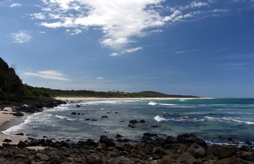 Angels beach on a sunny day, view from Black Head, East Ballina, NSW, Australia.