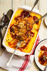 Baked smoky meatballs with polenta.style rustic