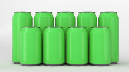  Green soda cans standing in two raws on white background